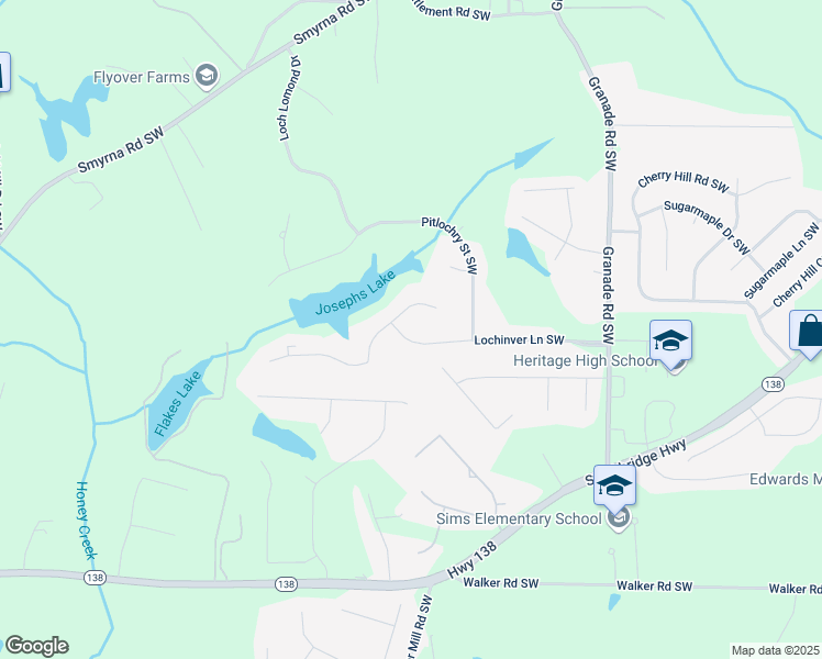 map of restaurants, bars, coffee shops, grocery stores, and more near 2327 Lochinver Lane Southwest in Conyers