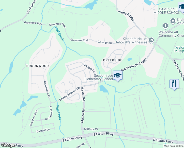 map of restaurants, bars, coffee shops, grocery stores, and more near 4942 Larkspur Lane in Atlanta