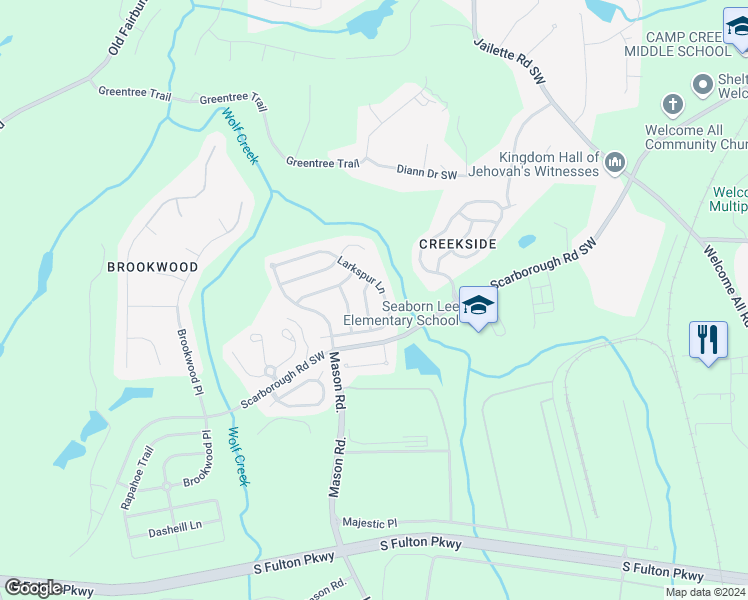 map of restaurants, bars, coffee shops, grocery stores, and more near 4942 Larkspur Lane in College Park