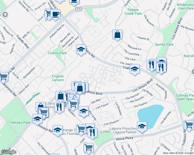 map of restaurants, bars, coffee shops, grocery stores, and more near 22994 Vía Pimiento in Mission Viejo