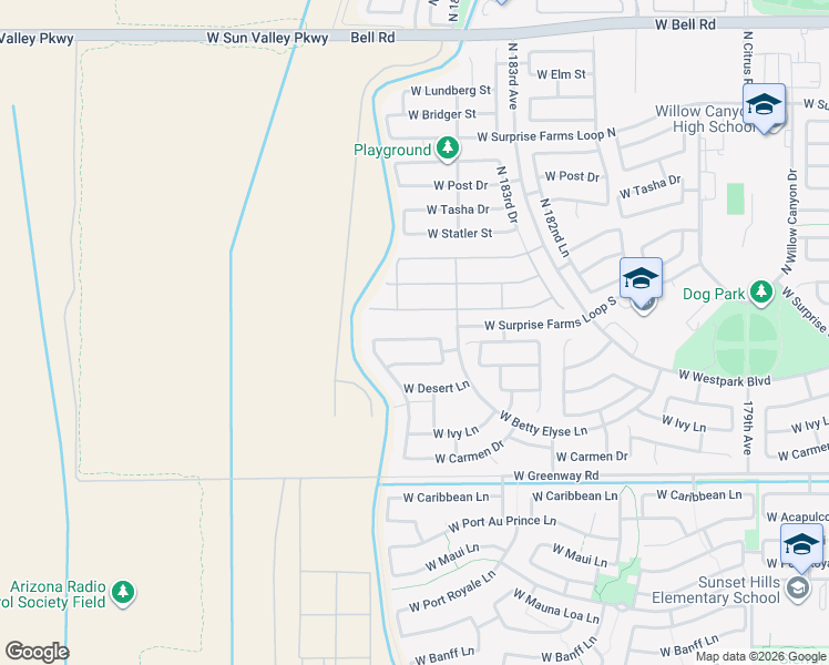 map of restaurants, bars, coffee shops, grocery stores, and more near 18433 West Marconi Avenue in Surprise
