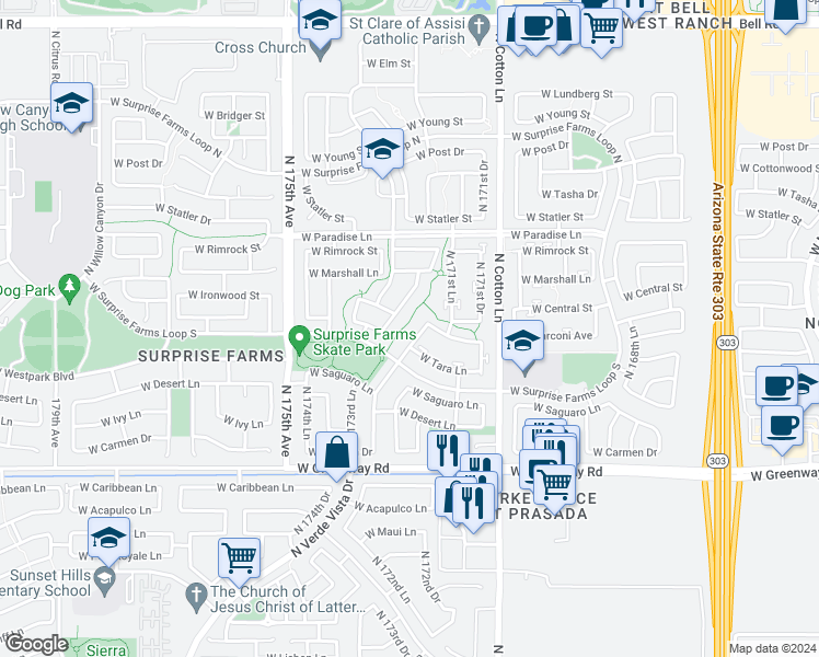 map of restaurants, bars, coffee shops, grocery stores, and more near 15852 North 172nd Lane in Surprise