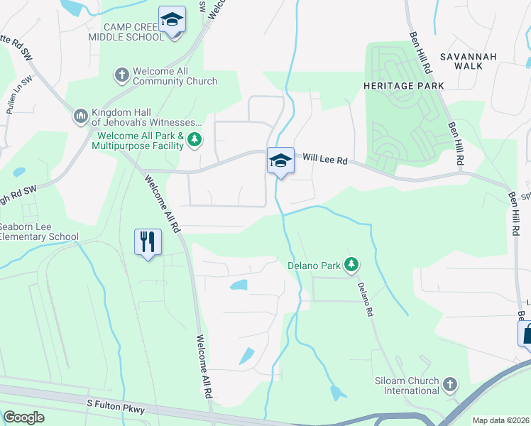 map of restaurants, bars, coffee shops, grocery stores, and more near 4106 Welcome All Terrace in College Park