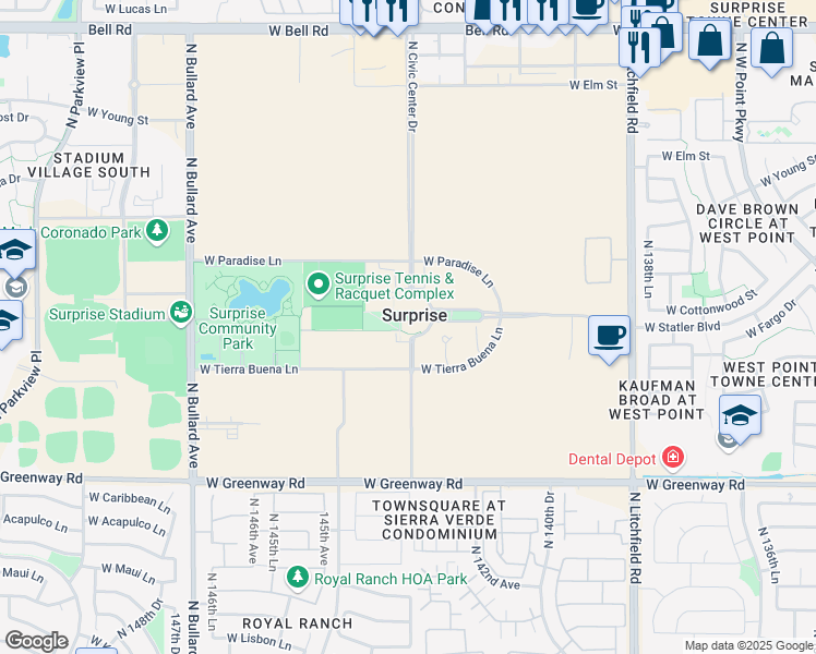 map of restaurants, bars, coffee shops, grocery stores, and more near 15950 North Civic Center Plaza in Surprise