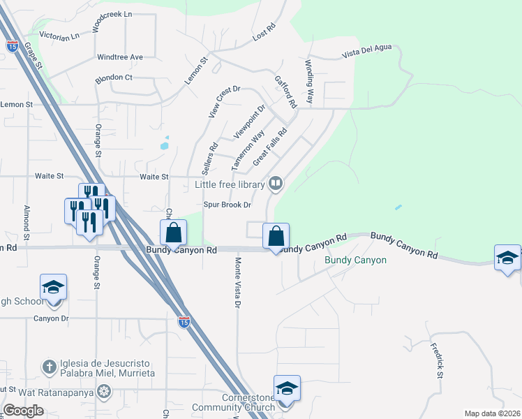 map of restaurants, bars, coffee shops, grocery stores, and more near 33887 Barrengo Drive in Wildomar