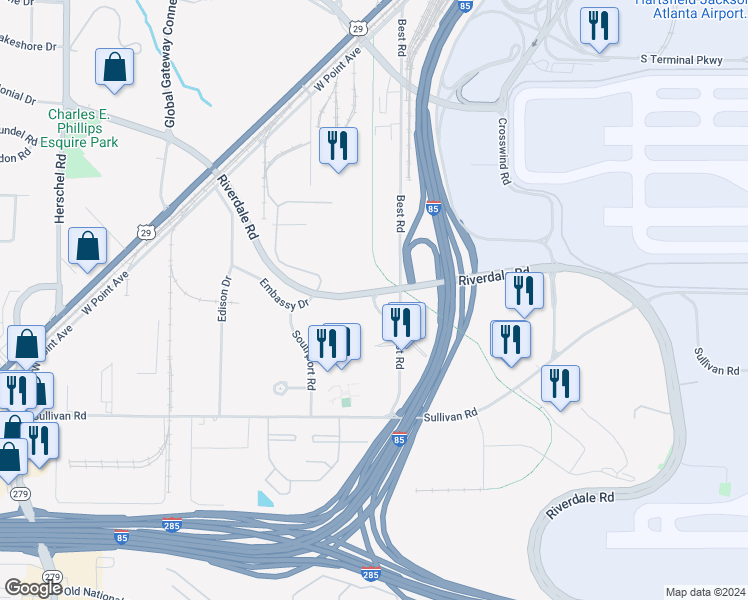 map of restaurants, bars, coffee shops, grocery stores, and more near Riverdale Road in College Park
