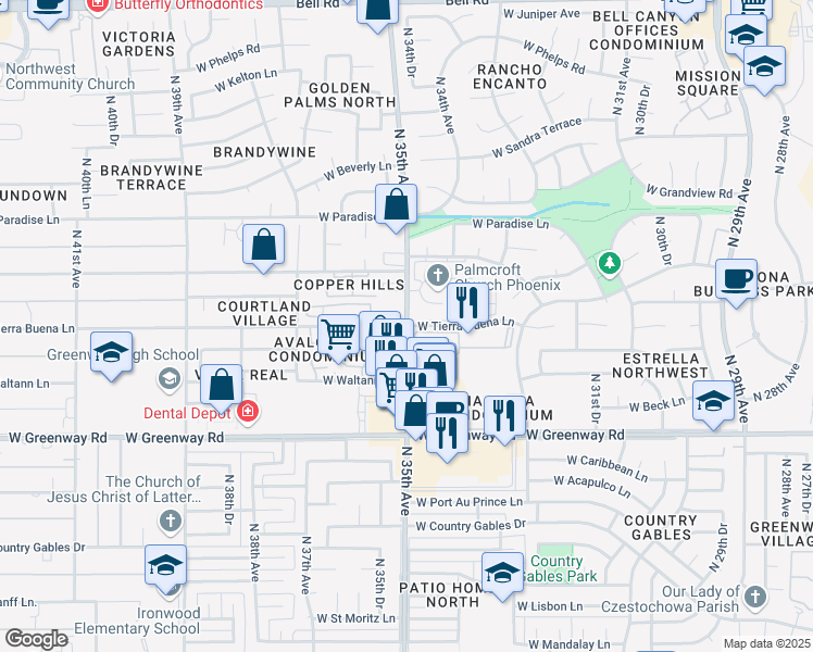 map of restaurants, bars, coffee shops, grocery stores, and more near N 35th Ave & W Tierra Buena Ln in Phoenix