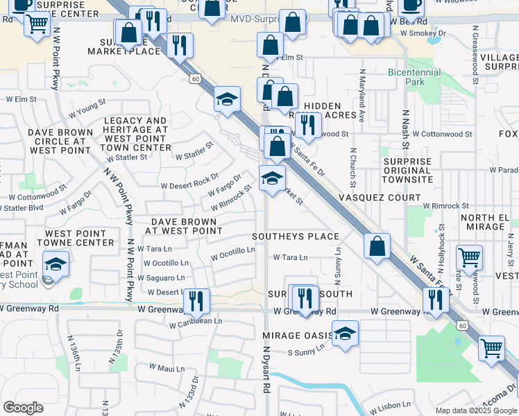 map of restaurants, bars, coffee shops, grocery stores, and more near 15943 North Gil Balcome Street in Surprise