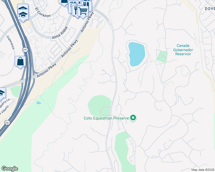 map of restaurants, bars, coffee shops, grocery stores, and more near 31102 Vía Peralta in Coto de Caza