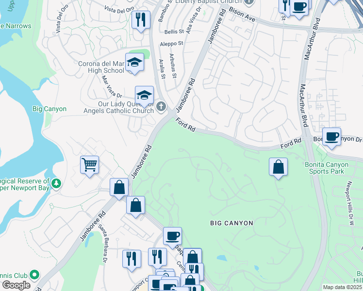map of restaurants, bars, coffee shops, grocery stores, and more near 8 Rue Villars in Newport Beach