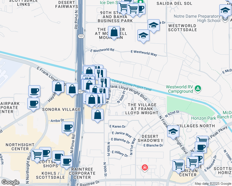 map of restaurants, bars, coffee shops, grocery stores, and more near in Scottsdale