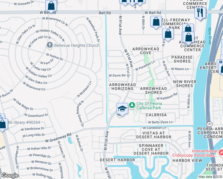 map of restaurants, bars, coffee shops, grocery stores, and more near 9228 West Kathleen Road in Peoria