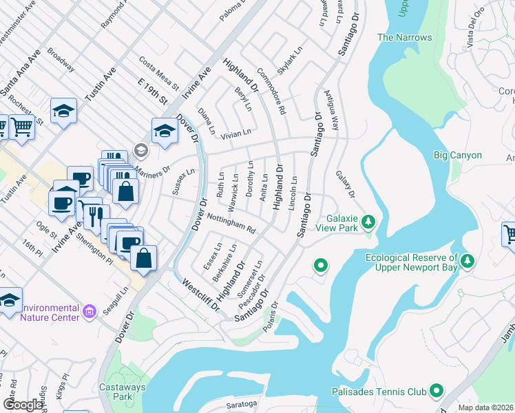 map of restaurants, bars, coffee shops, grocery stores, and more near 1221 Marian Lane in Newport Beach