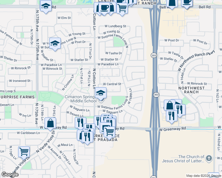 map of restaurants, bars, coffee shops, grocery stores, and more near 17021 West Marconi Avenue in Surprise