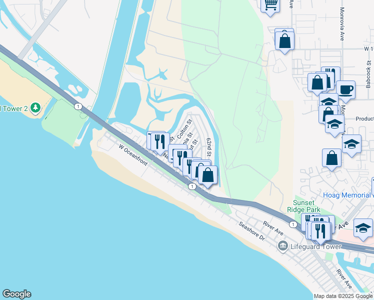 map of restaurants, bars, coffee shops, grocery stores, and more near 301 Walnut Street in Newport Beach