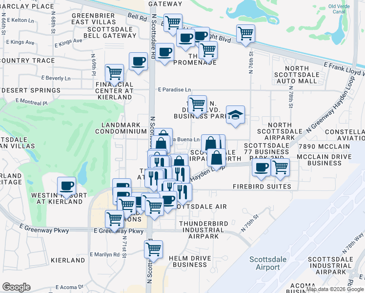 map of restaurants, bars, coffee shops, grocery stores, and more near 15501 East Tierra Buena Lane in Scottsdale