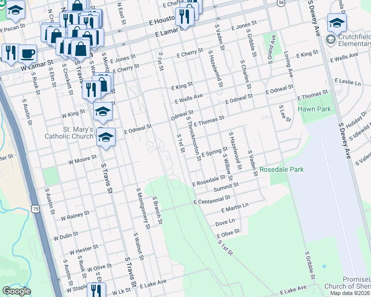 map of restaurants, bars, coffee shops, grocery stores, and more near 1010 South 1st Street in Sherman