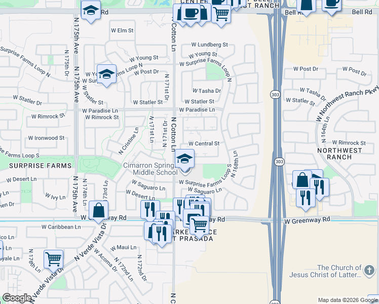 map of restaurants, bars, coffee shops, grocery stores, and more near 17021 West Marconi Avenue in Surprise