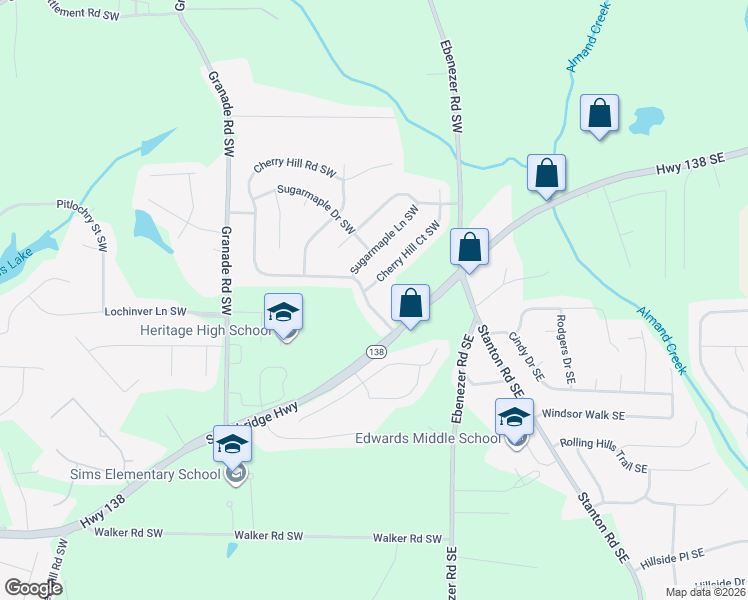 map of restaurants, bars, coffee shops, grocery stores, and more near 1655 Cherry Hill Road Southwest in Conyers