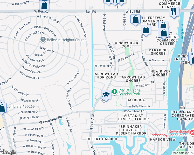 map of restaurants, bars, coffee shops, grocery stores, and more near 9228 West Kathleen Road in Peoria
