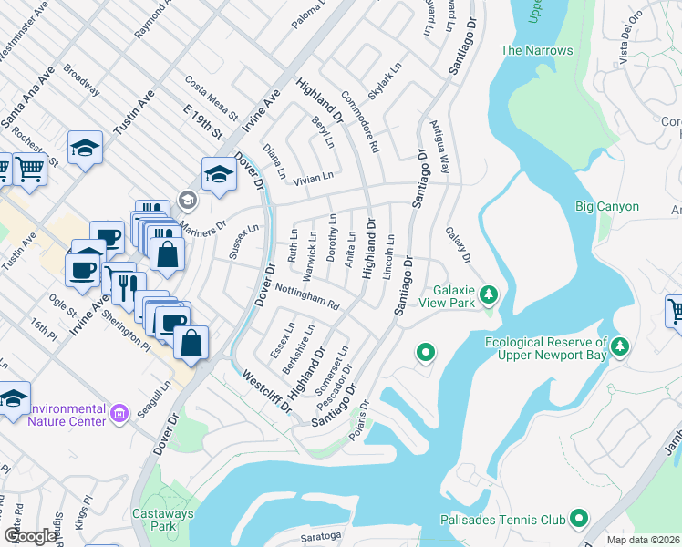 map of restaurants, bars, coffee shops, grocery stores, and more near 1221 Marian Lane in Newport Beach