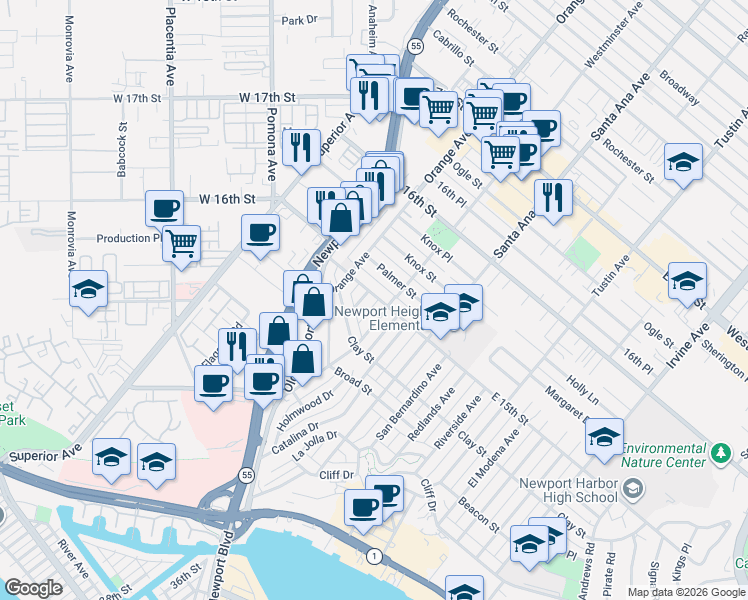 map of restaurants, bars, coffee shops, grocery stores, and more near 546 Westminster Avenue in Newport Beach