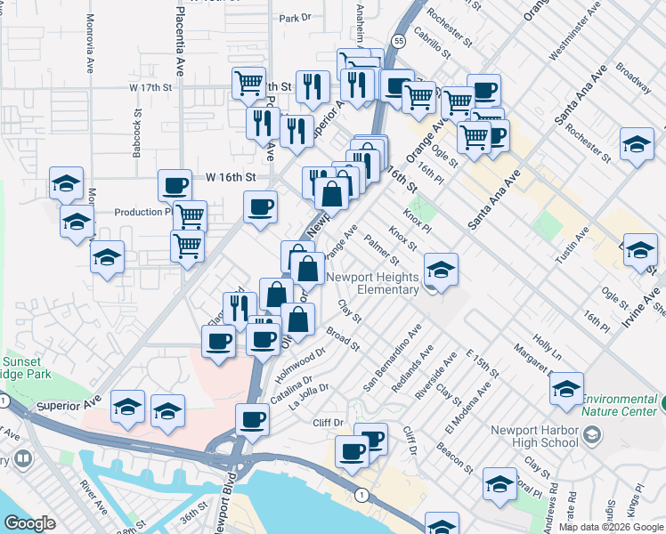 map of restaurants, bars, coffee shops, grocery stores, and more near 510 Bolsa Avenue in Newport Beach