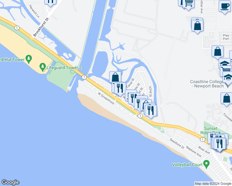 map of restaurants, bars, coffee shops, grocery stores, and more near 6800B West Coast Highway in Newport Beach