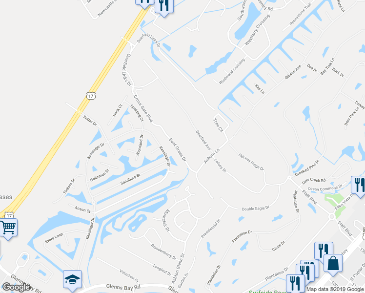 map of restaurants, bars, coffee shops, grocery stores, and more near 1939 Bent Grass Drive in Myrtle Beach