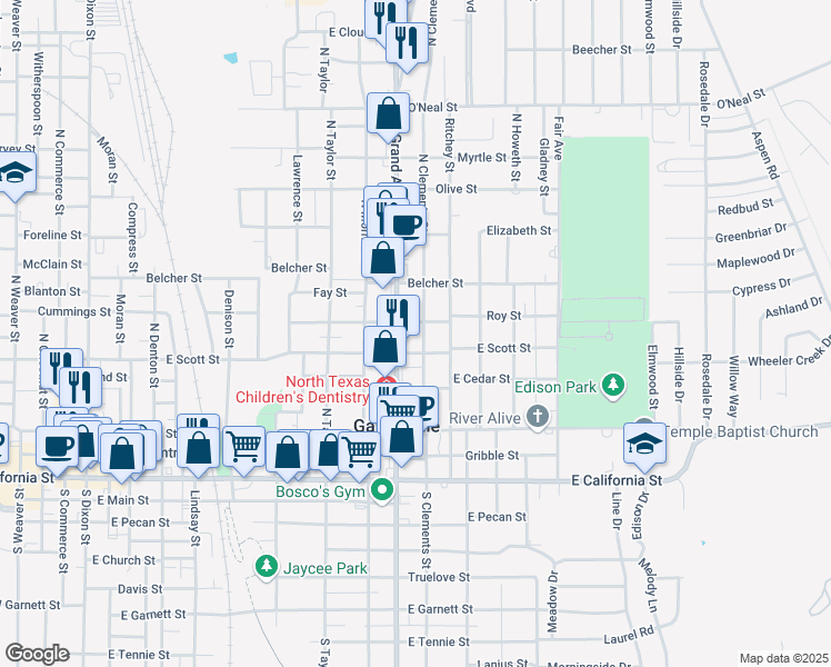 map of restaurants, bars, coffee shops, grocery stores, and more near 501 North Clements Street in Gainesville