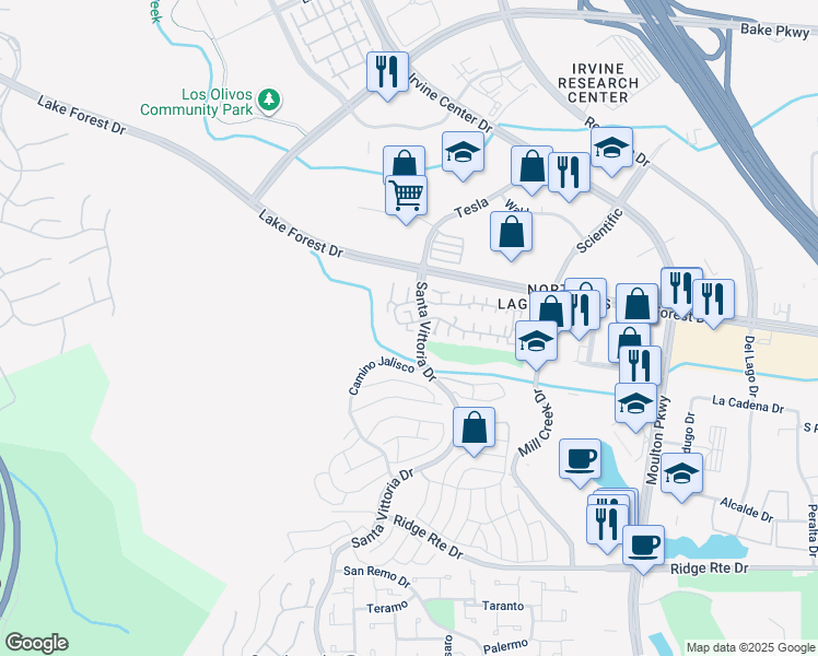 map of restaurants, bars, coffee shops, grocery stores, and more near 22982 Caminito Olivia in Laguna Hills