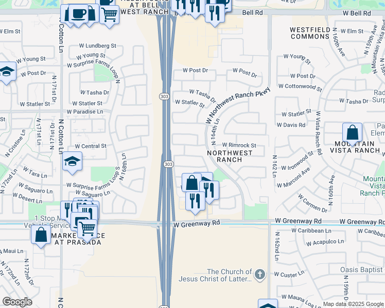 map of restaurants, bars, coffee shops, grocery stores, and more near 16570 West Central Street in Surprise