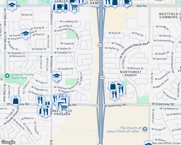 map of restaurants, bars, coffee shops, grocery stores, and more near 16829 West Marconi Avenue in Surprise
