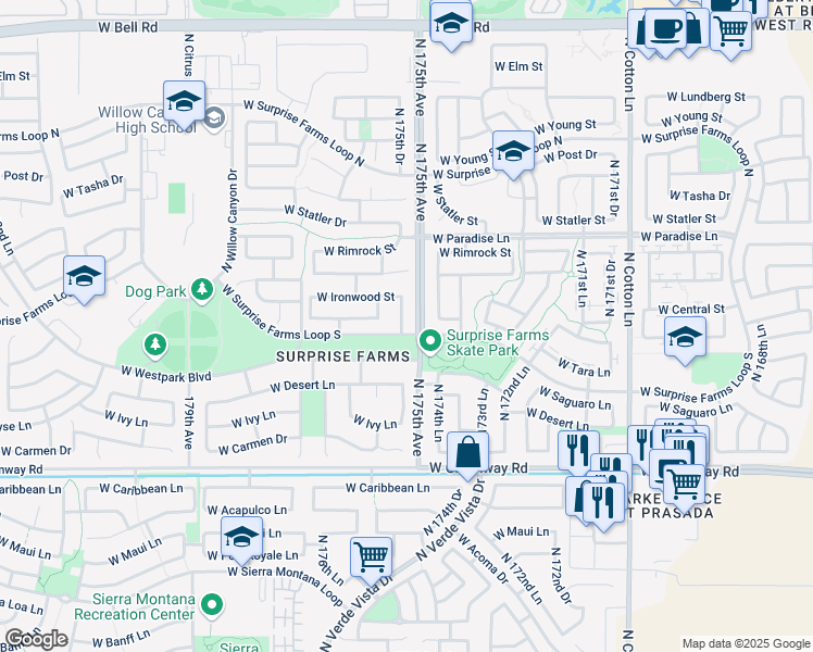 map of restaurants, bars, coffee shops, grocery stores, and more near 15913 N 175th Dr in Surprise