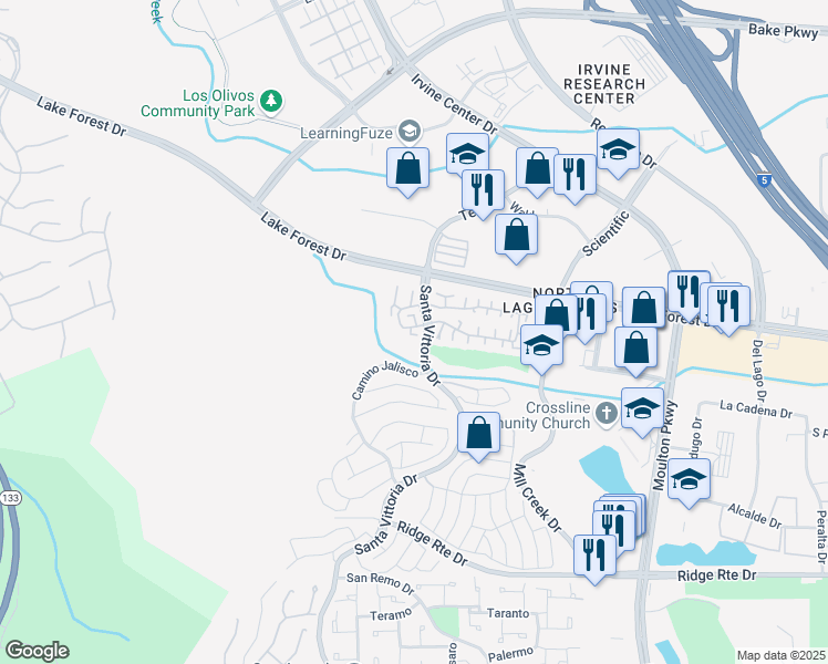 map of restaurants, bars, coffee shops, grocery stores, and more near 22982 Caminito Olivia in Laguna Hills