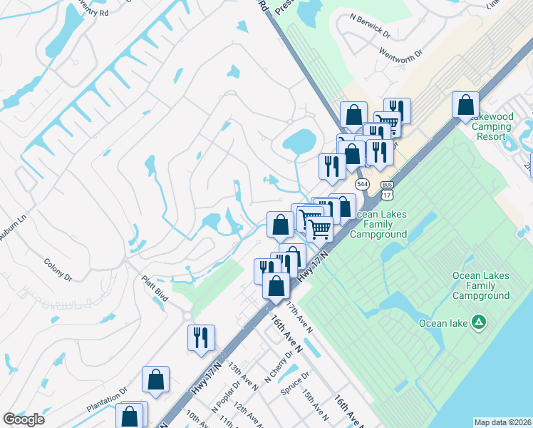 map of restaurants, bars, coffee shops, grocery stores, and more near 249 Pacific Commons Drive in Surfside Beach
