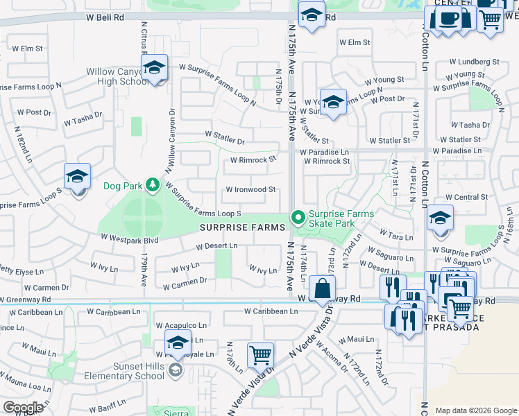 map of restaurants, bars, coffee shops, grocery stores, and more near 17581 West Marconi Avenue in Surprise