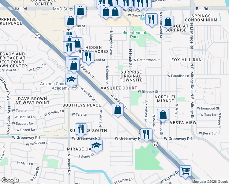 map of restaurants, bars, coffee shops, grocery stores, and more near 15833 North Desert Sage Street in Surprise