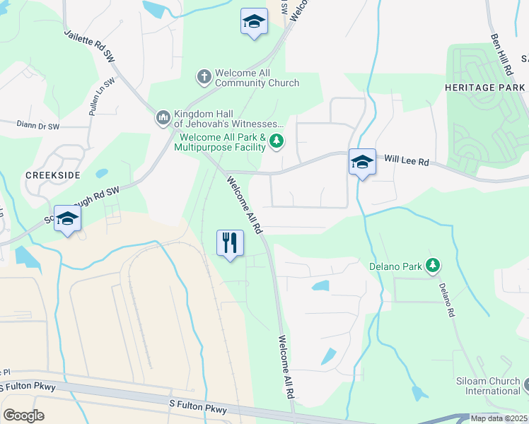 map of restaurants, bars, coffee shops, grocery stores, and more near 4213 Kenwood Trail in Atlanta