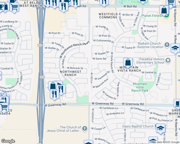 map of restaurants, bars, coffee shops, grocery stores, and more near 16311 West Central Street in Surprise
