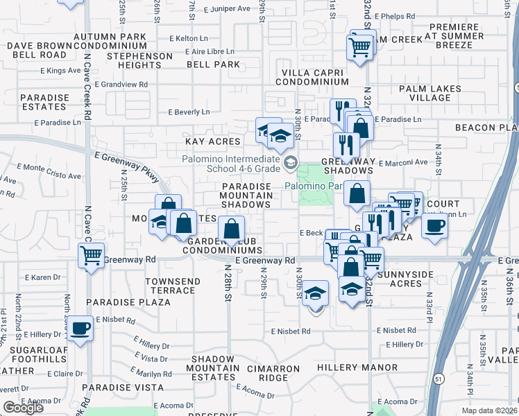 map of restaurants, bars, coffee shops, grocery stores, and more near 2850 East Waltann Lane in Phoenix