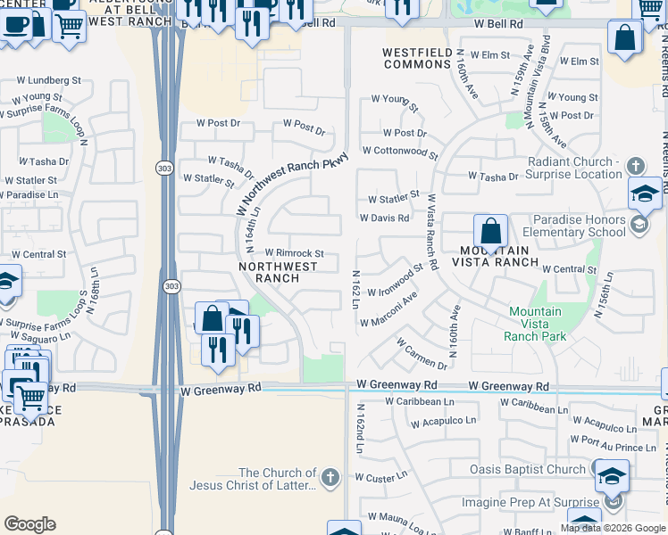 map of restaurants, bars, coffee shops, grocery stores, and more near 16311 West Central Street in Surprise
