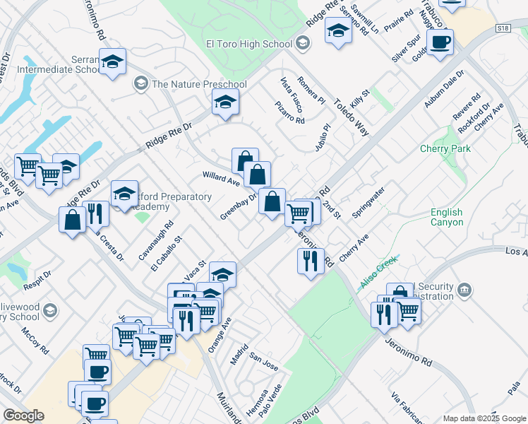 map of restaurants, bars, coffee shops, grocery stores, and more near 25092 Farthing Street in Lake Forest