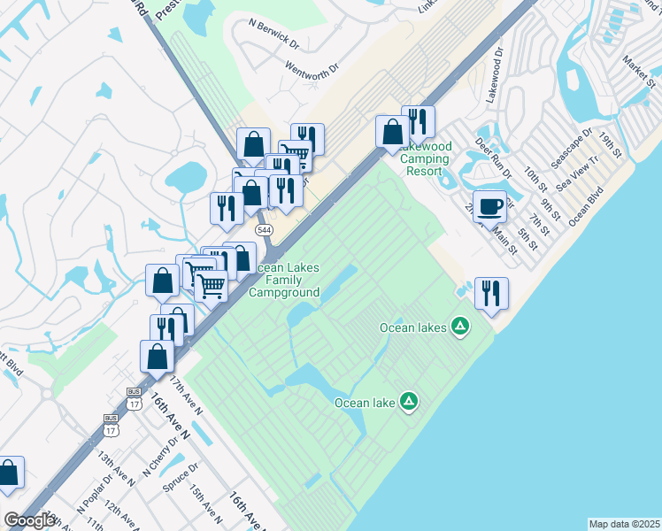 map of restaurants, bars, coffee shops, grocery stores, and more near S-22 West Sand Lapper Drive in Myrtle Beach