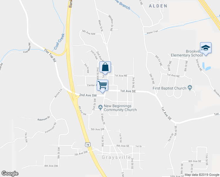 map of restaurants, bars, coffee shops, grocery stores, and more near 32 1st Avenue Southeast in Graysville