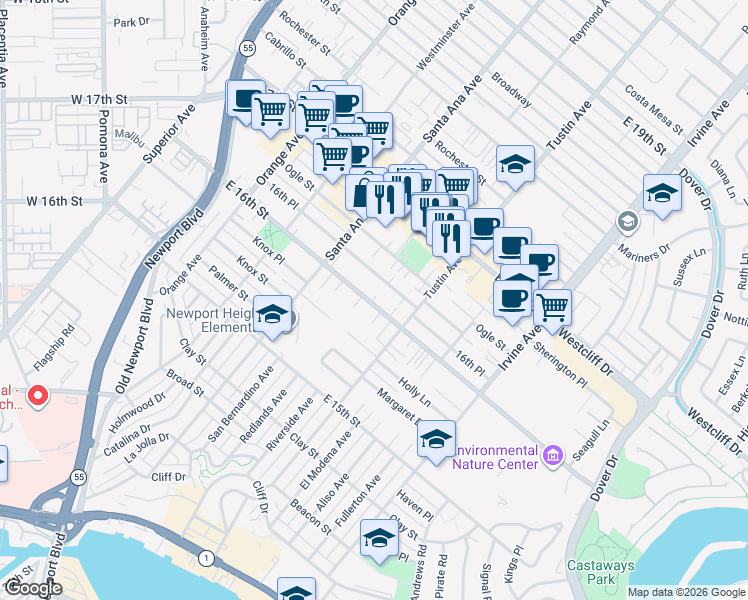 map of restaurants, bars, coffee shops, grocery stores, and more near 1602 Sea Horse Circle in Costa Mesa