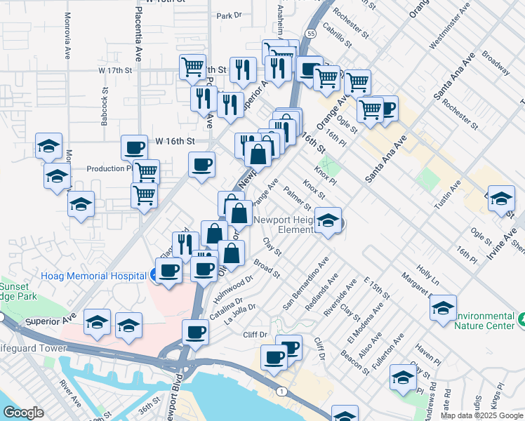 map of restaurants, bars, coffee shops, grocery stores, and more near 510 Bolsa Avenue in Newport Beach