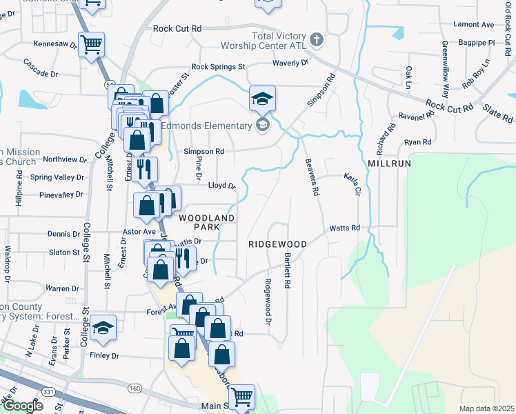 map of restaurants, bars, coffee shops, grocery stores, and more near 4630 Elam Church Road in Forest Park