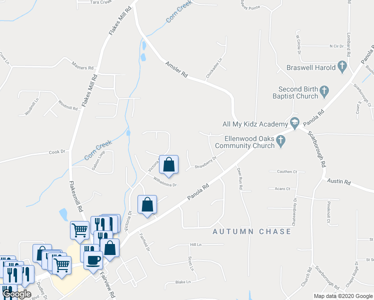 map of restaurants, bars, coffee shops, grocery stores, and more near 701 Blueberry Lane in Ellenwood