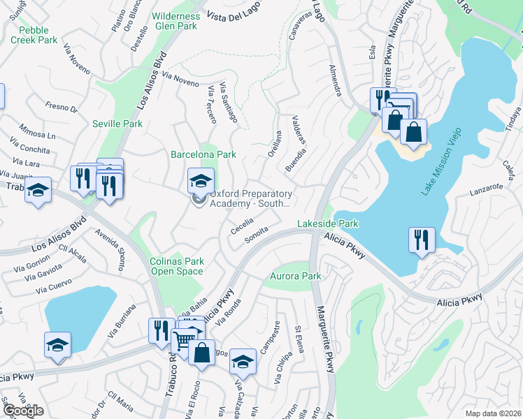 map of restaurants, bars, coffee shops, grocery stores, and more near 22981 Cecelia in Mission Viejo